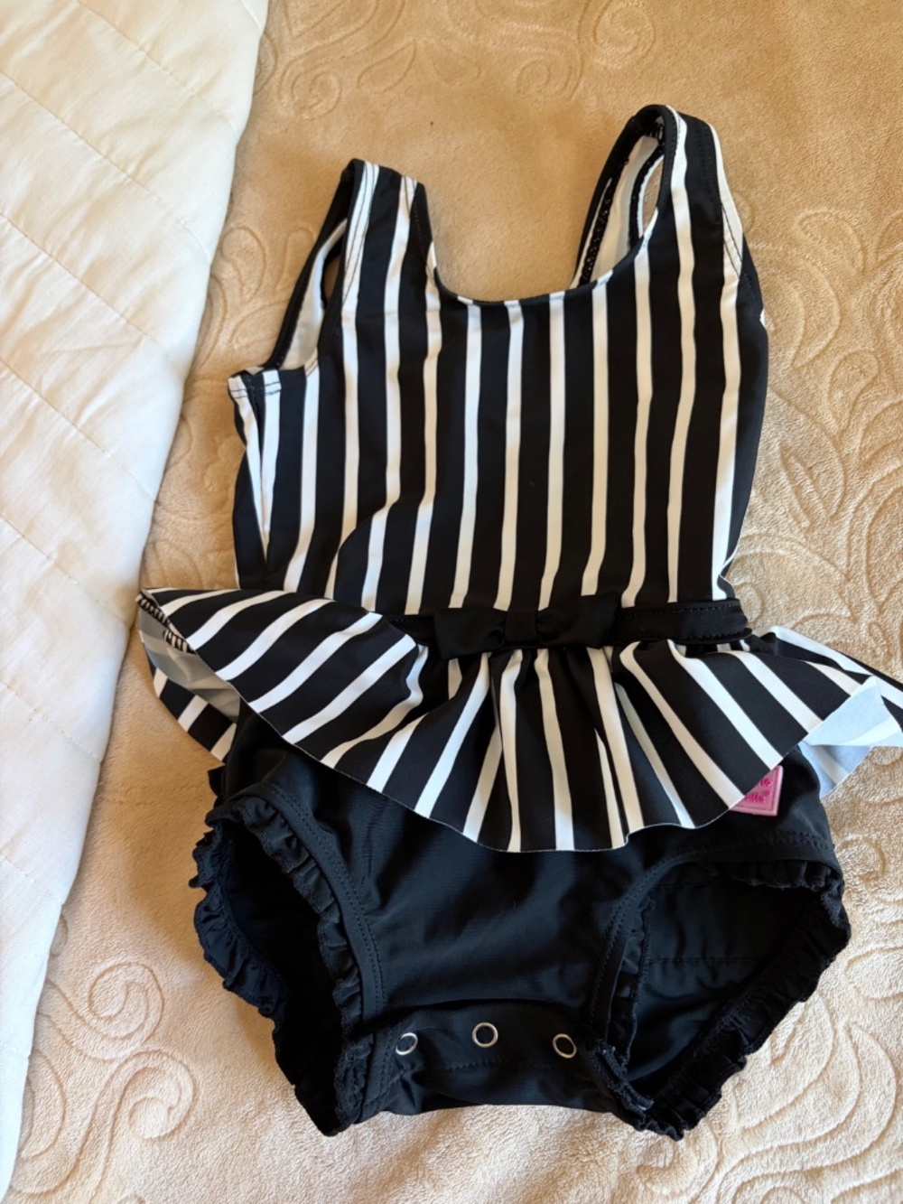 RUFFLE BUTTS BLK/WHITE STRIPED BATHING SUIT BABY SIZE 12-18 MONTHS
